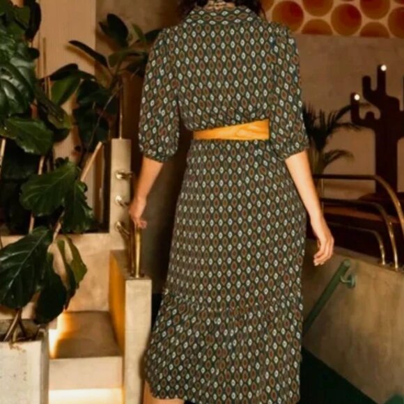 Bohme Serenity Green Boho Collared Patterned Midi Dress Size Large - Picture 3 of 10